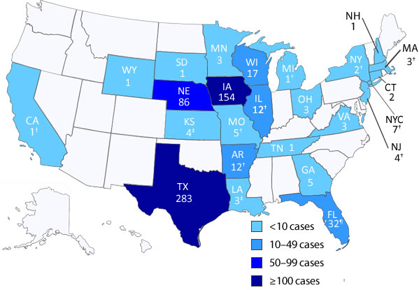 CDC Reported Cyclosporiasis Cases By State as of September 10, 2013